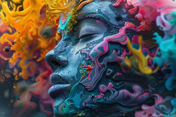 Female face with colorful liquid paint. Creative mind concept.