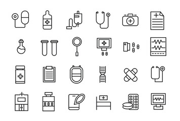 Outline set of hospital line icons. Thin lines icon set, medicine and health symbols, vector collection. - obrazy, fototapety, plakaty
