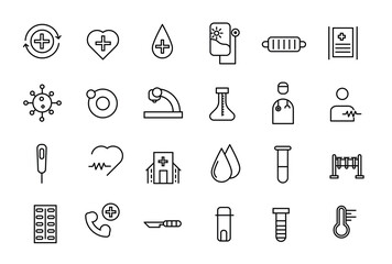 Outline set of hospital line icons. Thin lines icon set, medicine and health symbols, vector collection.