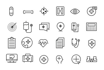 Outline set of hospital line icons. Thin lines icon set, medicine and health symbols, vector collection.