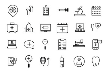Outline set of hospital line icons. Thin lines icon set, medicine and health symbols, vector collection.