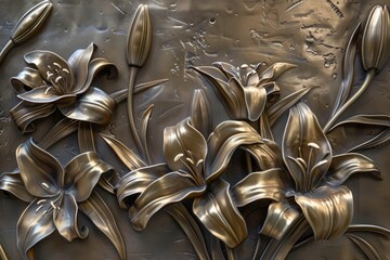 Bronze bas-relief of lily flowers.