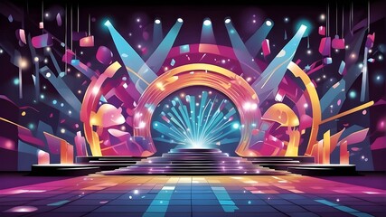 empty stage for live concerts including a stairway and a set design featuring pink, red, and blue neon lights, , Lively Lights and Futuristic Designs for Concert Promotions