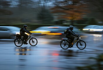 Two cyclists captured in motion on a wet street at night, with the city's lights trailing behind them