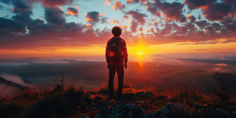 Fototapeta premium Horizon Gazer: Solitude at Sunset. Silhouette of a person standing on a mountain overlooking a sunset.