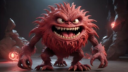 A CGI monster with a body made of abstract shapes, its red skin pulsing with a sickly glow. Its gremlin-like face twisted into a menacing grin, ready to unleash its tribble-like minions upon the world - Powered by Adobe