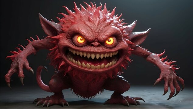 A CGI monster with a body made of abstract shapes, its red skin pulsing with a sickly glow. Its gremlin-like face twisted into a menacing grin, ready to unleash its tribble-like minions upon the world