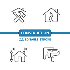 Construction Icons. Home Improvement, Tools, Paint Roller, Hammer, House Icon