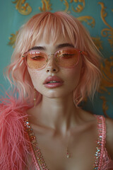 a lady with pink hair and sunglasses