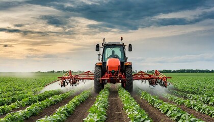Pulvérisateur de pesticides par tracteur sur le champ de soja avec pulvérisateur au printemp