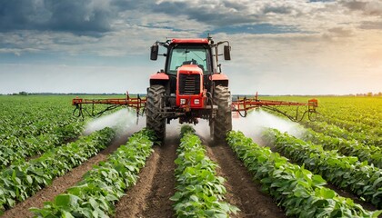 Pulvérisateur de pesticides par tracteur sur le champ de soja avec pulvérisateur au printemp - obrazy, fototapety, plakaty
