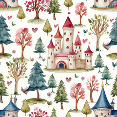 Seamless pattern, watercolor fairy tale background