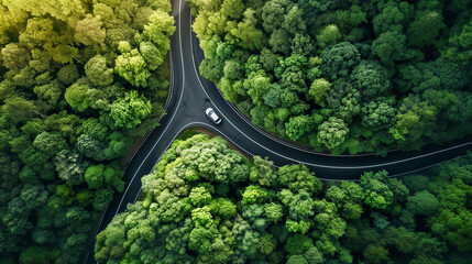 A road and your journey, Arial view of a lone vehicle on a winding rural forestry road as it approaches turns. - 745883772