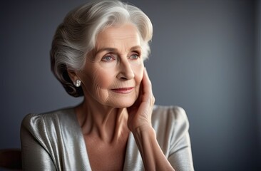 Portrait of an elderly woman in a silver dress on a dark gray background, hand propping up her head - obrazy, fototapety, plakaty
