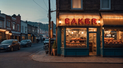 Bakery shop with donuts, view from outside and perspective of street at evening - obrazy, fototapety, plakaty