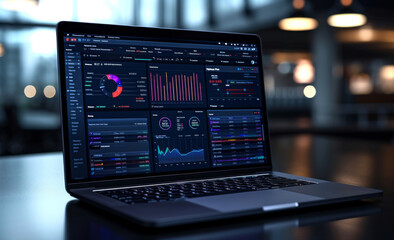 laptop Showing business analytics dashboard with charts, metrics, and KPI to analyze performance and create insight reports for operations management. Data analysis concept - obrazy, fototapety, plakaty