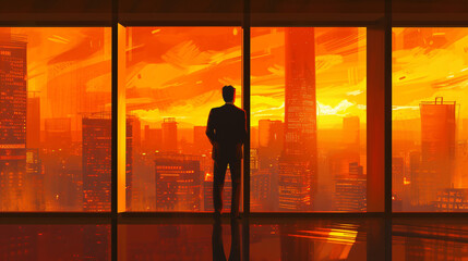 Fototapeta na wymiar Business Man Back View in the Office Skyline.
