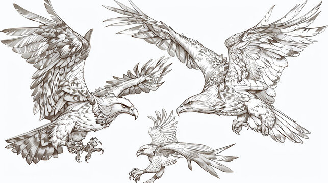 Birds like eagles, owls, and falcons rendered in a majestic and impressive line art style.