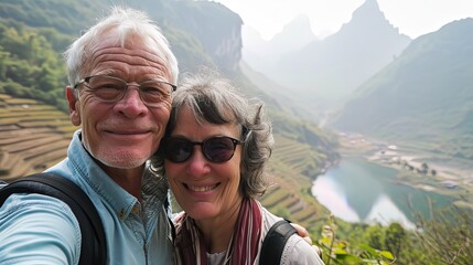 Portrait of a joyful elderly couple traveling through beautiful landscapes, looking at camera, experiencing the wonders of nature and celebrating their enduring happiness