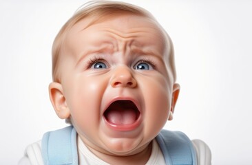 Close-up on Caucasian toddler crying loudly on white backdrop, expressing emotions. Baby's needs
