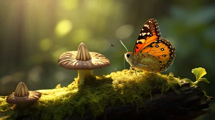 Foto op Canvas Butterfly sitting on a frog on a wild mushroom. © Aliza