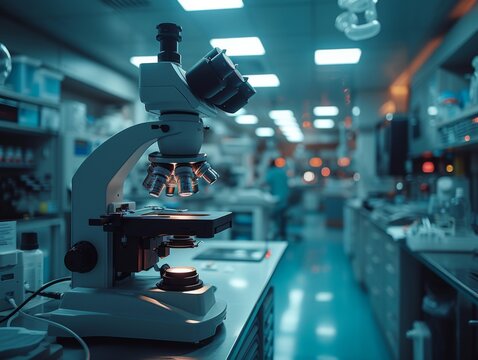 Advanced microscope positioned for research in a modern laboratory during evening hours, showcasing scientific instruments and a focused environment
