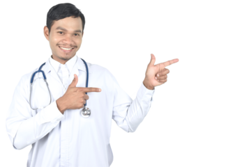 Doctor with stethoscope standing and pointing finger on the side. doctor standing on transparent background.