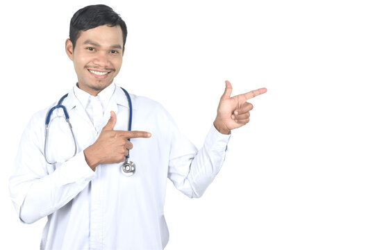 Doctor with stethoscope standing and pointing finger on the side. doctor standing on transparent background.