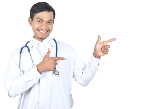Doctor with stethoscope standing and pointing finger on the side. doctor standing on transparent background. - Powered by Adobe