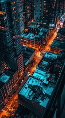 Rooftop view of a city at night, wide shot capturing the urban skyline illuminated by ambient street lights