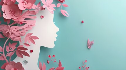 paper cut art of woman with pink flowers isolated on blue background. copy space background
