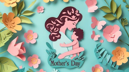 Mothers day paper art with mother, baby and flowers.