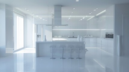Minimalist white kitchen, where sleek surfaces and pristine white tones