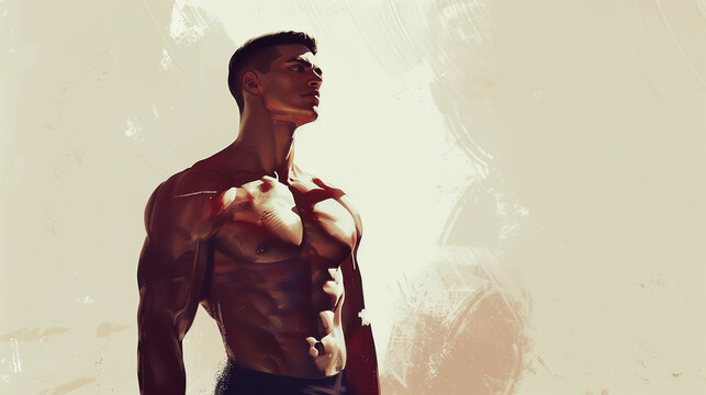 Muscular male physics, body builder background, space for writing messages, greeting card, desktop wallpaper	