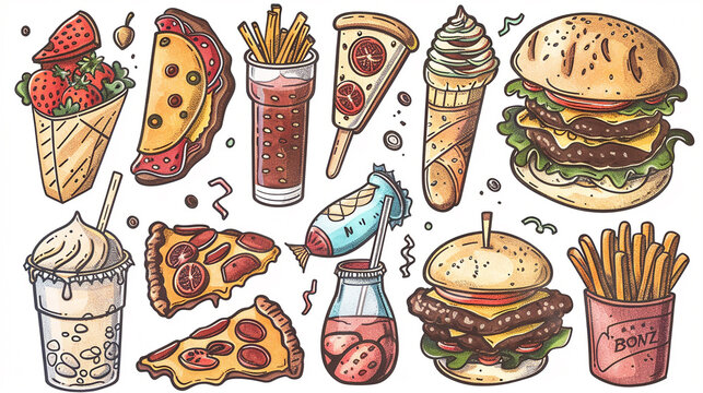 Different types of food items including burgers, pizzas, and ice creams drawn in a detailed and appetizing line art style.
