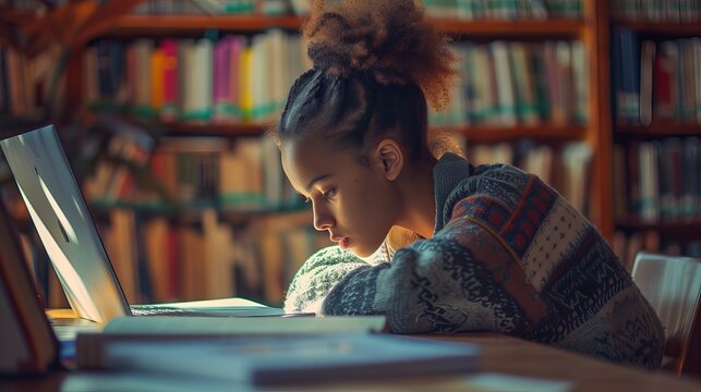 Dedicated Young Female Student Studying with Laptop in Library Surrounded by Books