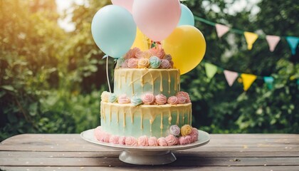Gâteau d'anniversaire à plusieurs niveaux aux couleurs pastel décoré de ballons de fête