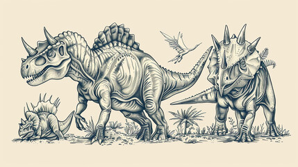 Obraz premium Dinosaurs like T-rex, Triceratops, and Stegosaurus illustrated in a realistic and detailed line art style.
