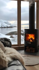 penthouse in the Arctic with a cozy interior and a stove with fire, with a Christmas atmosphere