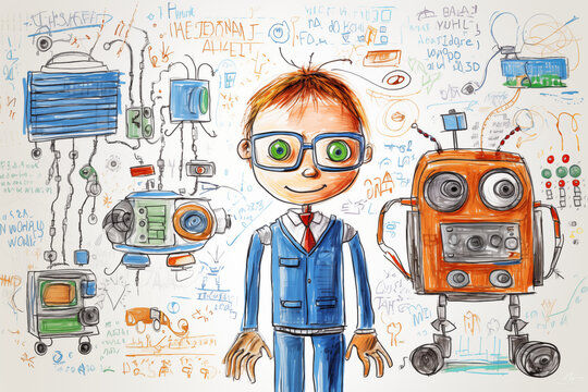 Child's drawing of Artificial Intelligence, on a white sheet of paper