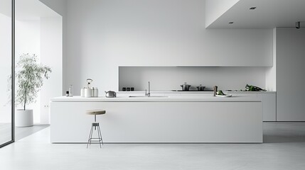Fototapeta na wymiar Elegance of a minimalist white kitchen, where sleek surfaces and pristine white tones create a sophisticated backdrop for culinary creativity and stylish living