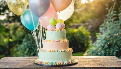 Gâteau d'anniversaire à plusieurs niveaux aux couleurs pastel décoré de ballons de fête