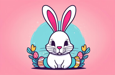 
Illustration of an Easter bunny surrounded by Easter paraphernalia in pastel colors