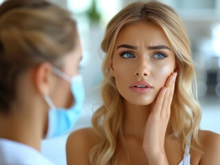 beautiful woman holds her cheek and consults a dentist about toothache - obrazy, fototapety, plakaty
