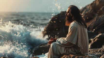 Fototapeta premium Amidst the chaos of the world, Jesus finds solace in the presence of God, his words a beacon of hope and trust as he seeks divine guidance and strength to navigate the challenges a