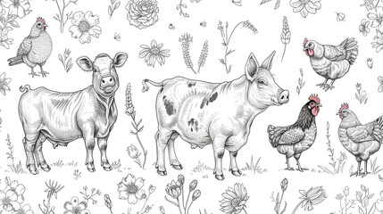 Farm animals like cows, pigs, and chickens depicted in a charming and playful line art style.
