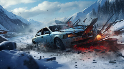 Car tumbles through a snowy landscape debris.