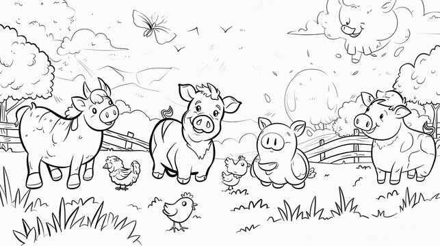 Farm animals like cows, pigs, and chickens depicted in a charming and playful line art style.