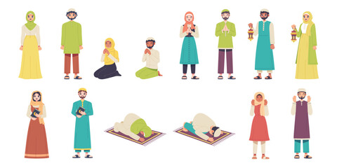 Vector Happy Muslim Characters Cartoon Ramadan Set Illustration Isolated