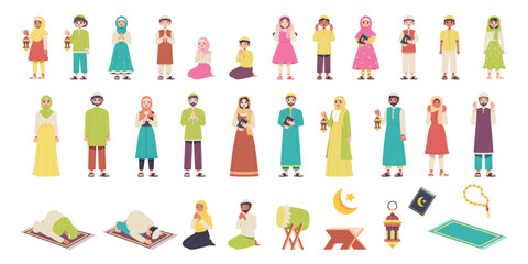 Fototapeta na wymiar Vector Ramadan Kareem Cartoon Eid Mubarak set illustration isolated